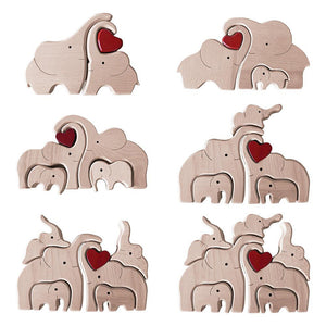Wooden Family Building Blocks Elephant Statues Decor
