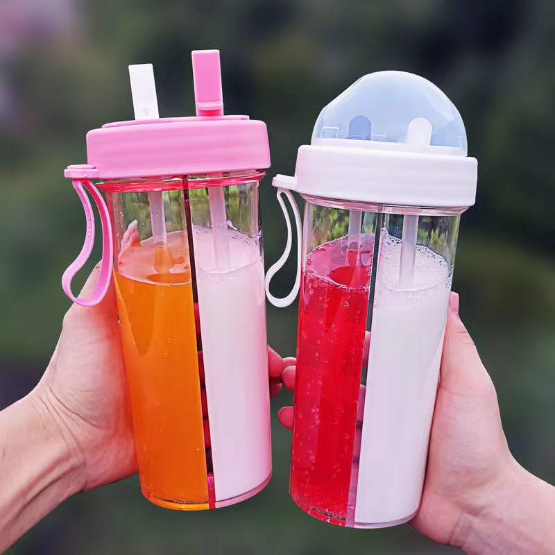 Dual Beverage Separate Straws Leak-Resistant Innovative Water Bottle