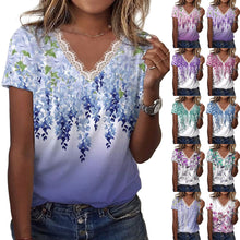 Floral Shoulder Printed V-neck Lace Short-sleeved T-shirt