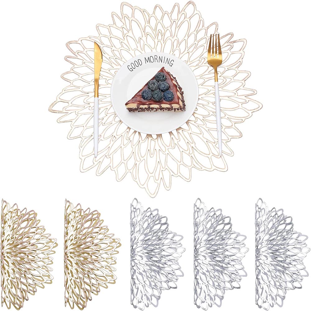 4/8pcs Flower Shape Pressed Vinyl Metallic Hollow Placemats For Dining Table_0