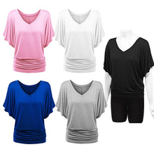 Women's Solid Short Sleeve Boat Neck V Neck Dolman Top with Side Shirring_0