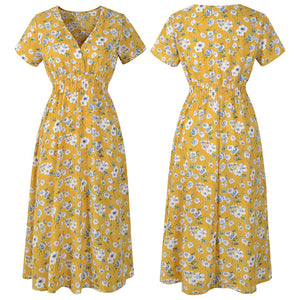 Vintage Print Puff Sleeve Casual Square Collar Floral Long Dress