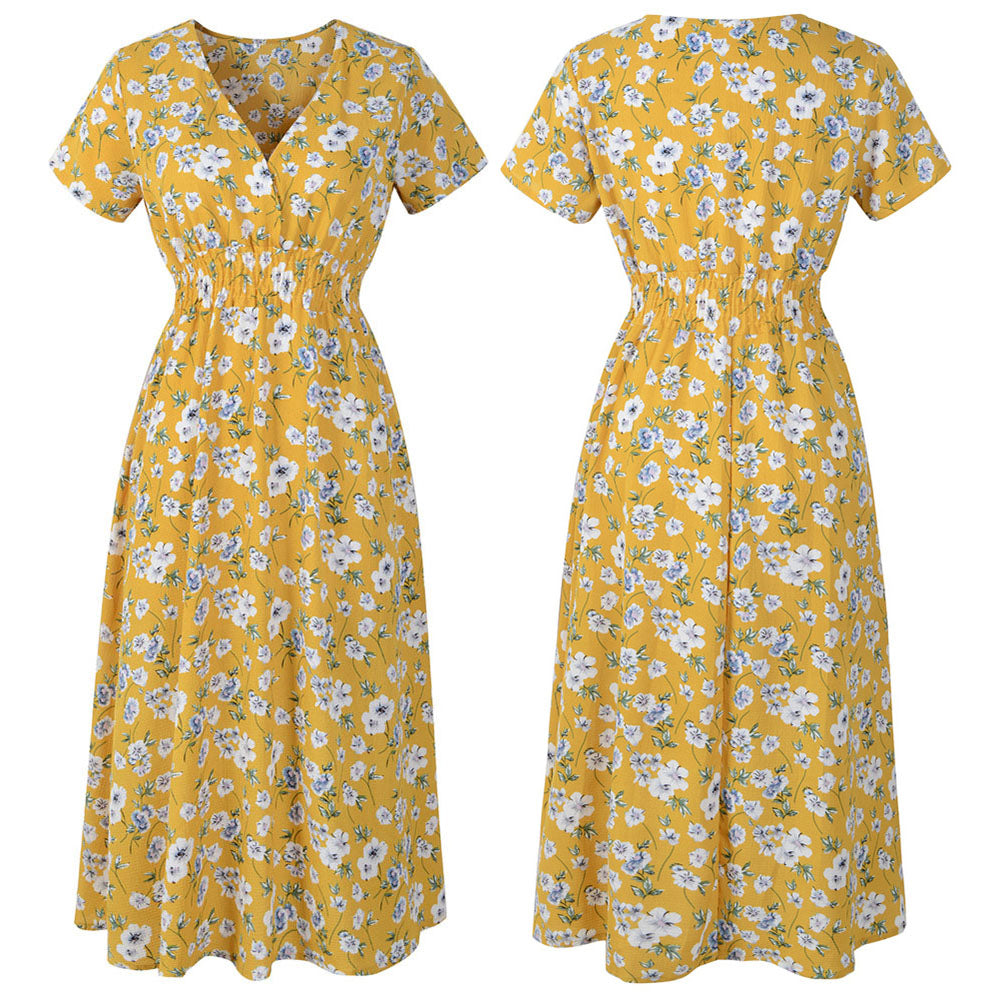 Vintage Print Puff Sleeve Casual Square Collar Floral Long Dress