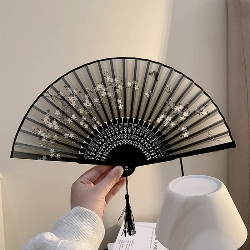 Classical Ink Painting Handheld Floral Folding Fans With Tassel_0