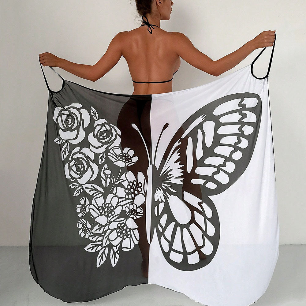 Butterfly Print Beach Skirt Scarf Sexy Mesh Colored Swimwear for Women_0