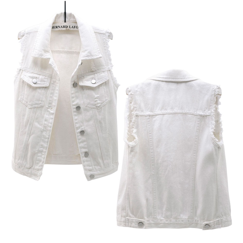 Women's Casual Denim Waistcoat Frayed Sleeveless Ripped Jacket Vest with Pockets_0