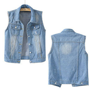 Women's Casual Denim Waistcoat Frayed Sleeveless Ripped Jacket Vest with Pockets_7