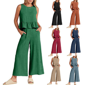 Women Sleeveless Ruffle Tank Crop Top & Wide Leg Pants Set_0