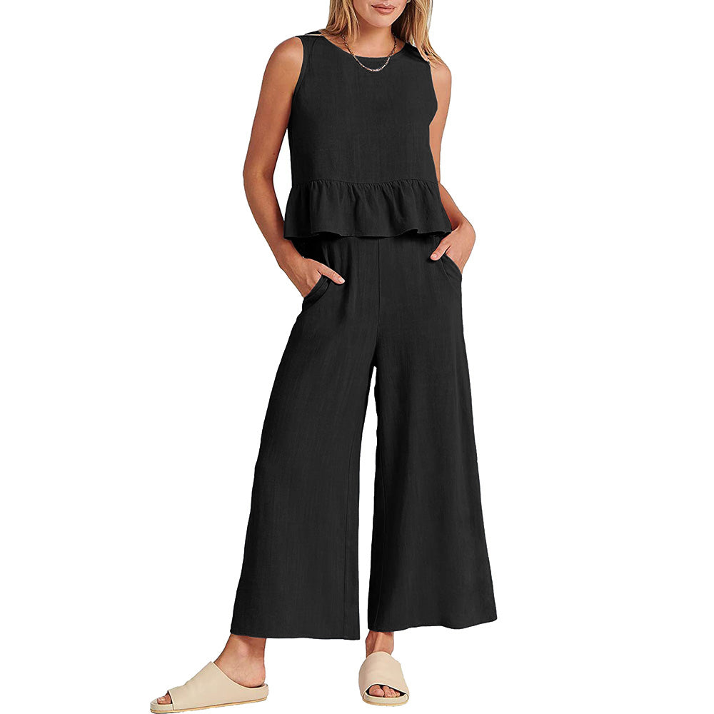 Women Sleeveless Ruffle Tank Crop Top & Wide Leg Pants Set_1