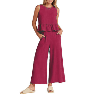 Women Sleeveless Ruffle Tank Crop Top & Wide Leg Pants Set_2