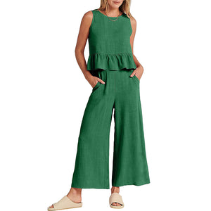 Women Sleeveless Ruffle Tank Crop Top & Wide Leg Pants Set_3