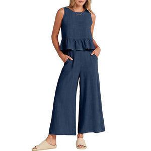 Women Sleeveless Ruffle Tank Crop Top & Wide Leg Pants Set_4