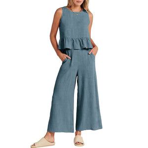 Women Sleeveless Ruffle Tank Crop Top & Wide Leg Pants Set_5