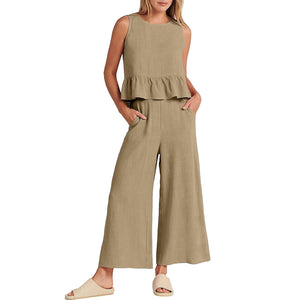 Women Sleeveless Ruffle Tank Crop Top & Wide Leg Pants Set_6