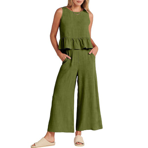 Women Sleeveless Ruffle Tank Crop Top & Wide Leg Pants Set_7