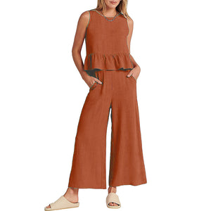 Women Sleeveless Ruffle Tank Crop Top & Wide Leg Pants Set_8