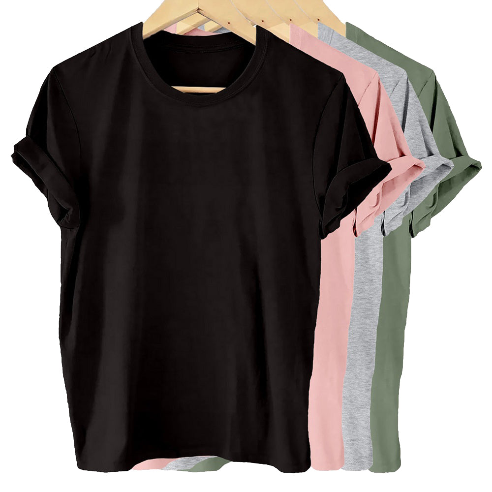 4 Packs Solid Color T-shirt Short Sleeve Crew Neck Casual Top_0