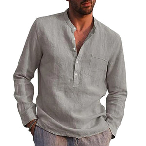 Men's Flax Shirt Long Sleeve Button Down Slim Shirts_4