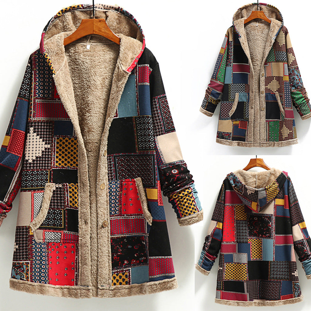 Patchwork Fleece-Lined Boho Hooded Jacket_0