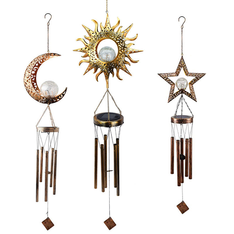 Outdoor Wrought Iron Hanging Solar Powered Wind Chime Light_0