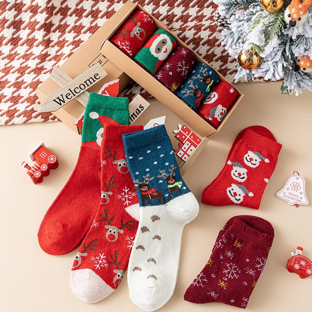 5 Pcs Christmas Socks Wool Socks Mid Tube Socks Fun With Santa Reindeer Pattern Women's Christmas Theme Gift Set Box_0