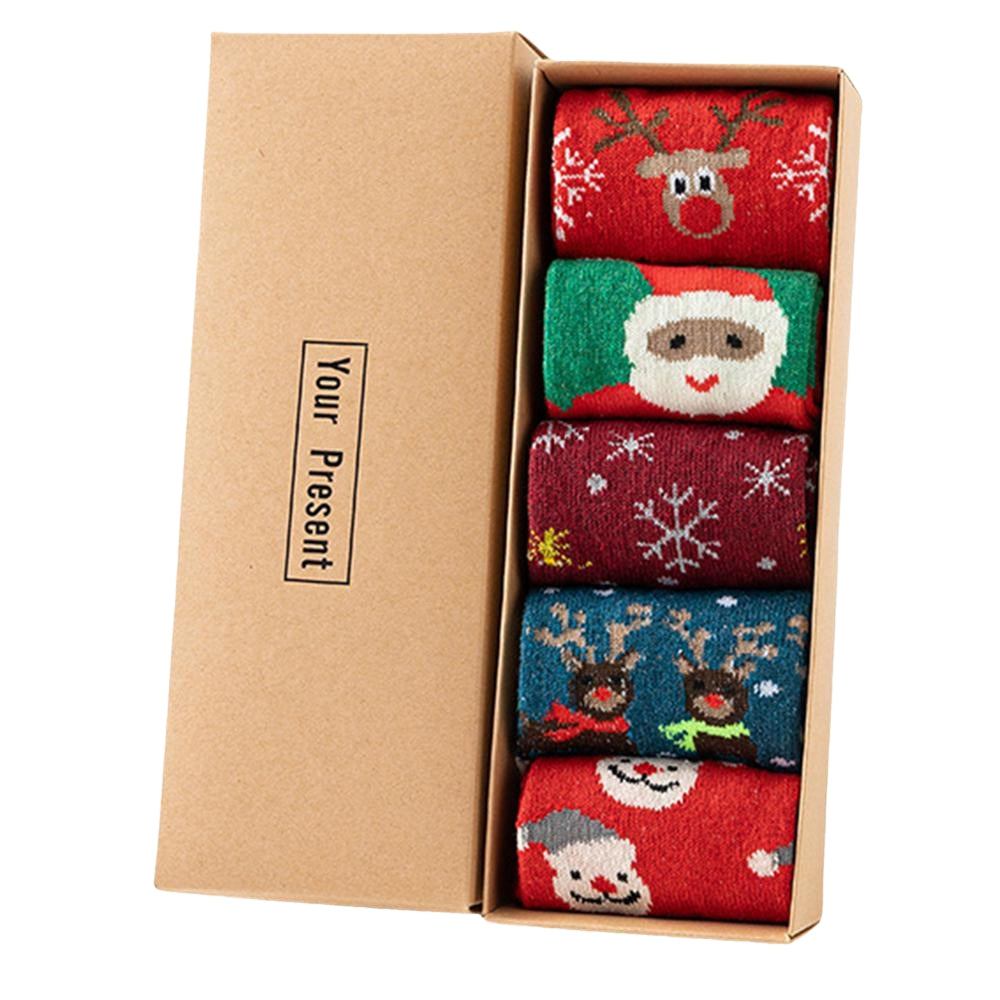 5 Pcs Christmas Socks Wool Socks Mid Tube Socks Fun With Santa Reindeer Pattern Women's Christmas Theme Gift Set Box_7