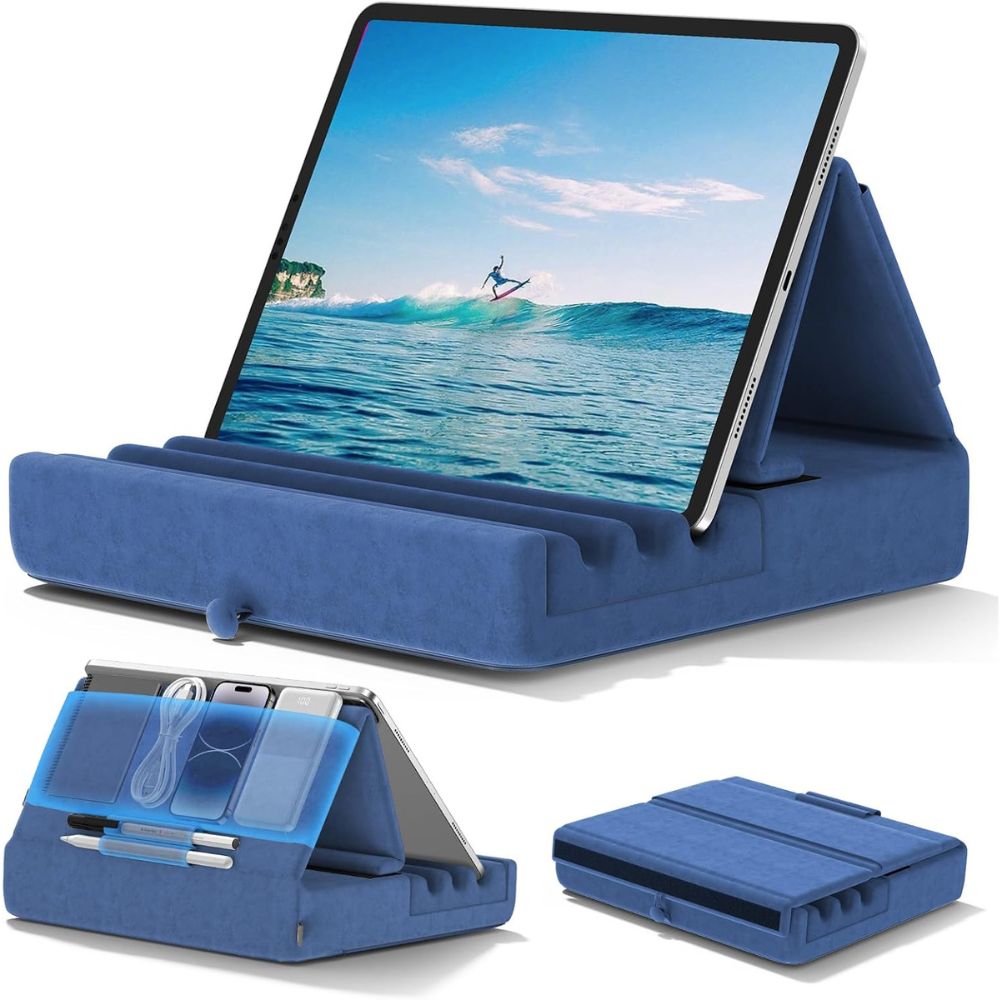 Tablet Pillow Stand Foldable Holder for iPad Pro with Soft Pad, Pocket and Stylus Mount_5