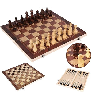 3 in 1 Portable Wooden Chess Board Set with Chess Checkers and Backgammon