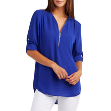 Women’s V Neck Half Zip Long Sleeve Casual Blouse Top