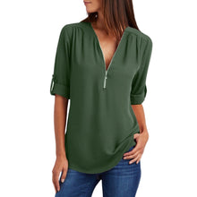 Women’s V Neck Half Zip Long Sleeve Casual Blouse Top