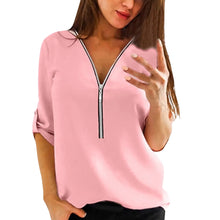 Women’s V Neck Half Zip Long Sleeve Casual Blouse Top