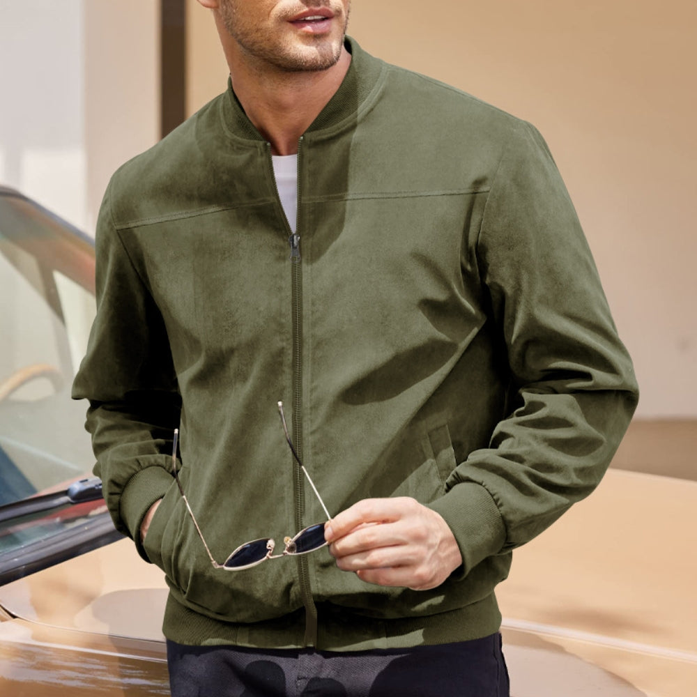 Men's Retro Suede Bomber Jacket with Full Zip and Windproof Design