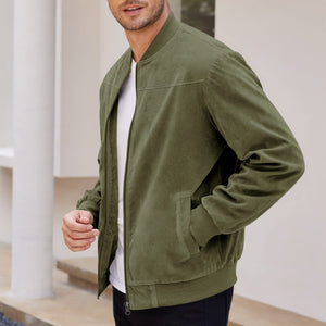 Men's Retro Suede Bomber Jacket with Full Zip and Windproof Design