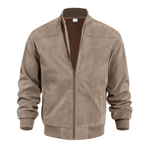 Men's Retro Suede Bomber Jacket with Full Zip and Windproof Design