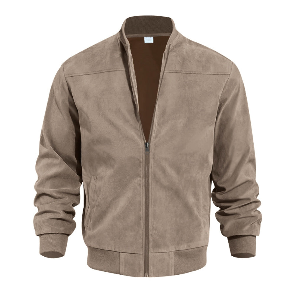 Men's Retro Suede Bomber Jacket with Full Zip and Windproof Design