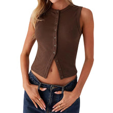 Women V Neck Sleeveless Button Up Vest Tank Top