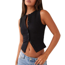 Women V Neck Sleeveless Button Up Vest Tank Top