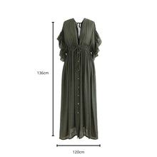 Casual Loose Ruffles Long Dress Women Deep V-neck Lace Up Maxi Dresses