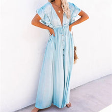 Casual Loose Ruffles Long Dress Women Deep V-neck Lace Up Maxi Dresses