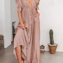 Casual Loose Ruffles Long Dress Women Deep V-neck Lace Up Maxi Dresses