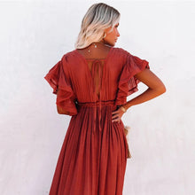 Casual Loose Ruffles Long Dress Women Deep V-neck Lace Up Maxi Dresses