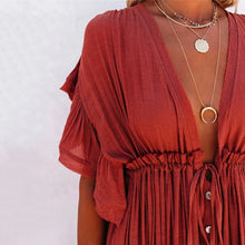 Casual Loose Ruffles Long Dress Women Deep V-neck Lace Up Maxi Dresses