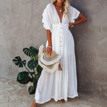 Casual Loose Ruffles Long Dress Women Deep V-neck Lace Up Maxi Dresses