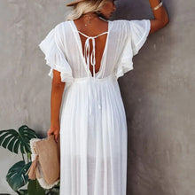 Casual Loose Ruffles Long Dress Women Deep V-neck Lace Up Maxi Dresses