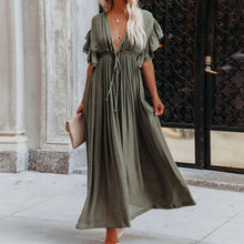 Casual Loose Ruffles Long Dress Women Deep V-neck Lace Up Maxi Dresses