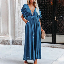 Casual Loose Ruffles Long Dress Women Deep V-neck Lace Up Maxi Dresses