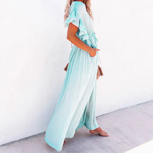 Casual Loose Ruffles Long Dress Women Deep V-neck Lace Up Maxi Dresses