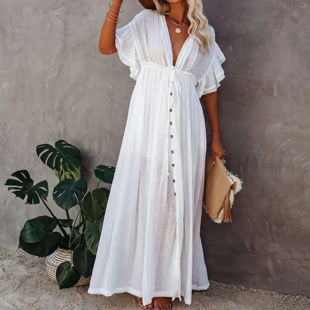 Casual Loose Ruffles Long Dress Women Deep V-neck Lace Up Maxi Dresses