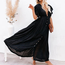 Casual Loose Ruffles Long Dress Women Deep V-neck Lace Up Maxi Dresses