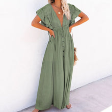 Casual Loose Ruffles Long Dress Women Deep V-neck Lace Up Maxi Dresses